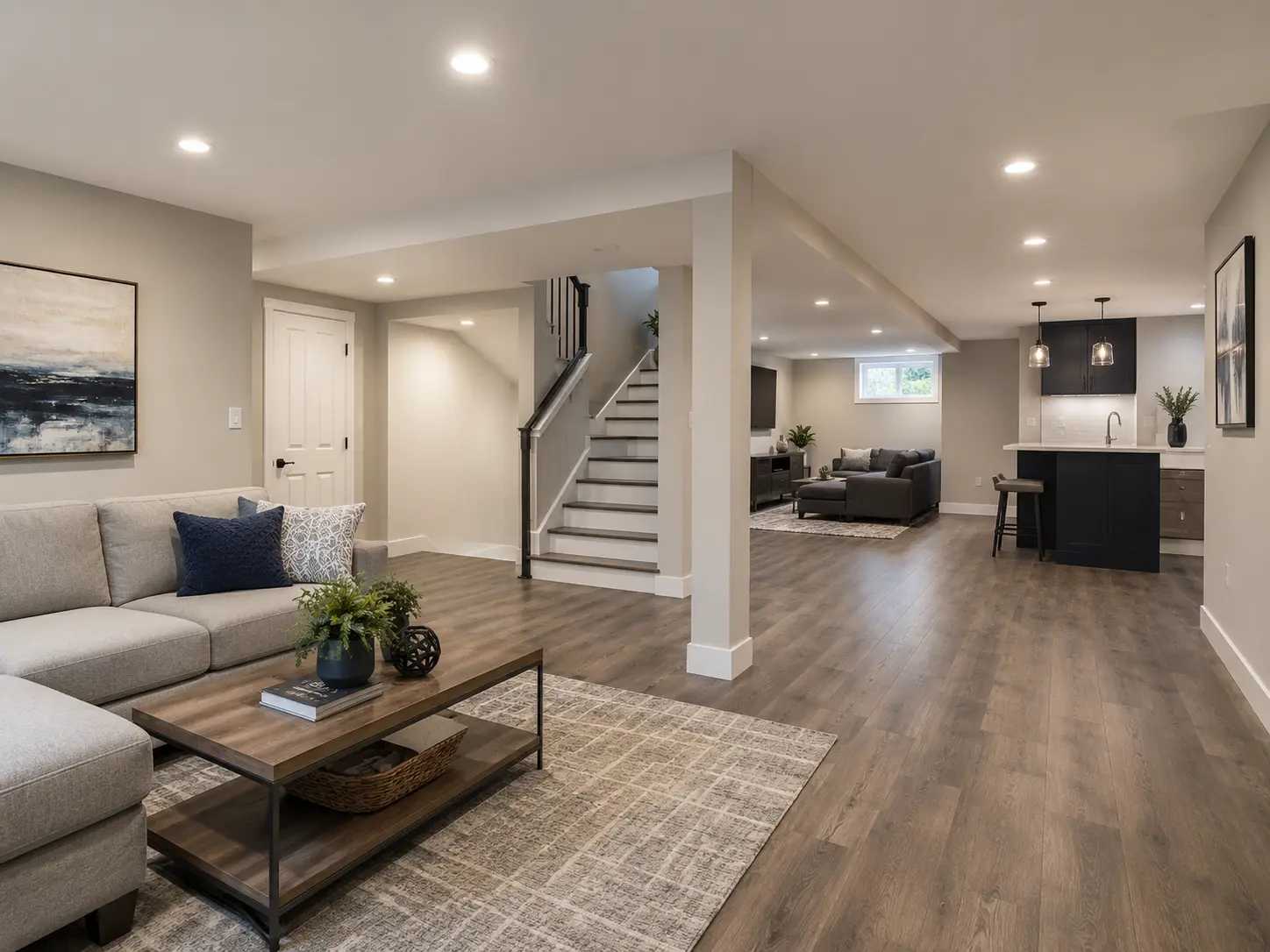 Fully remodeled basement with new walls, lighting, and flooring